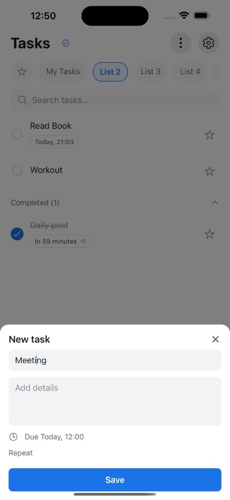 Creating a new task with due time and repeat options