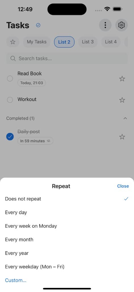 Repeat options for a task